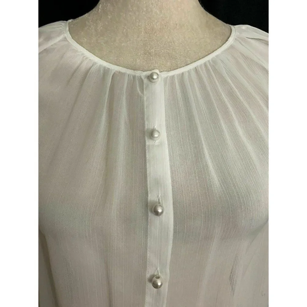 Zara Womens Solid White Sheer Long Sleeve Button Down Top Blouse Xs